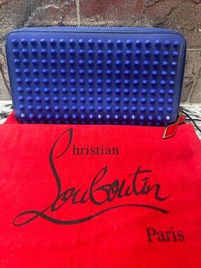 Christian Louboutin Panettone Blue Spiked Zip Wallet with Red Dust Bag